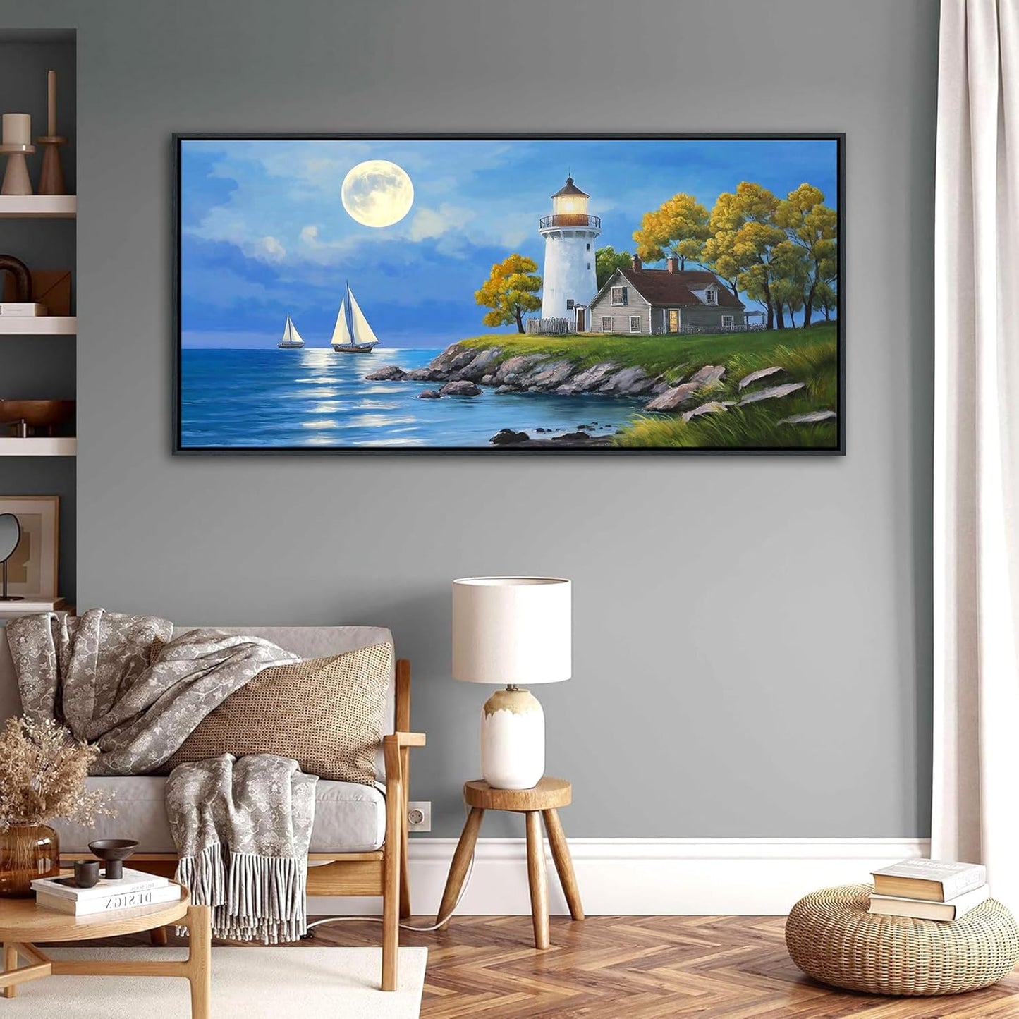 CHATYOUNG Blue Ocean Wall Art - Large Lighthouse Sailboat Coastal Landscape Canvas Picture Green Tree Nature Navigation Paintings Artwork for Living Room Bedroom Office Home Frame Decor 29"X58"