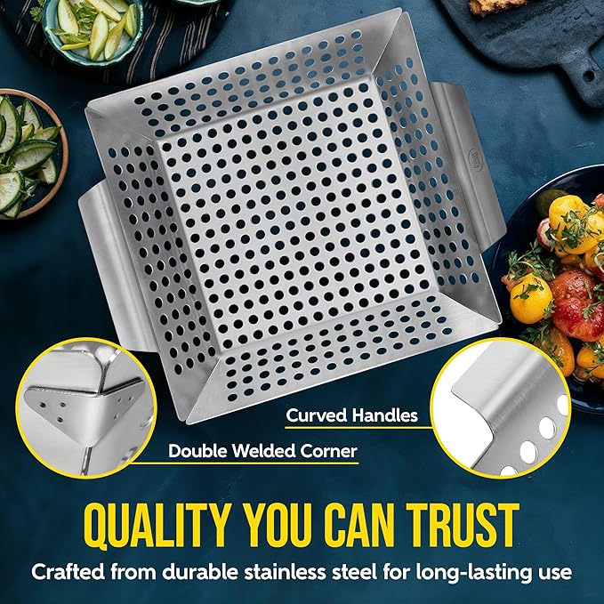 Kaluns Heavy Duty Stainless Steel Vegetable Grill Basket, Rectangular, Silver, Dishwasher Safe Grills and Vegetables