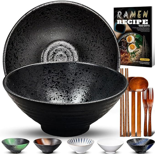 8-Inch Ceramic Ramen Bowl Set of 2 (9 Piece) - Porcelain Japanese Salad Noodles Cereal Fruit Pasta Soup Large Bowls with Recipes Chopsticks Forks Spoons for Men Women Gift Microwave & Dishwasher Safe