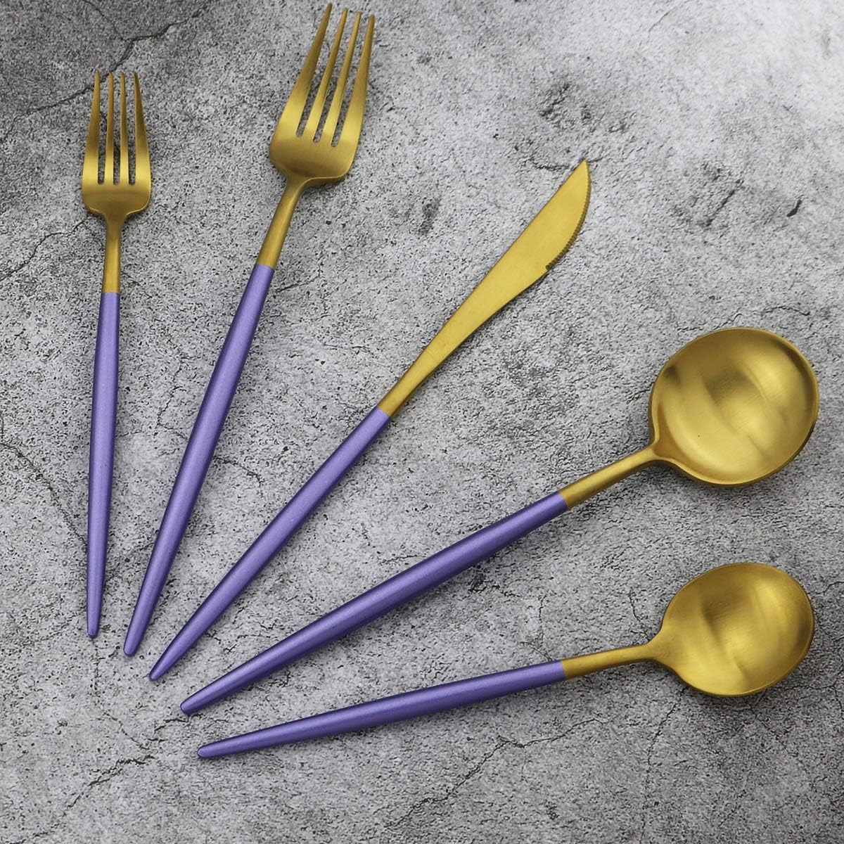 Gugrida 20-Piece 18/10 Stainless Steel Flatware Silverware, Luxury Dinnerware Set Travel Cutlery Tableware Include Knife Fork Spoon Service for 4, Dishwasher Safe (Purple Handle Matte Gold)