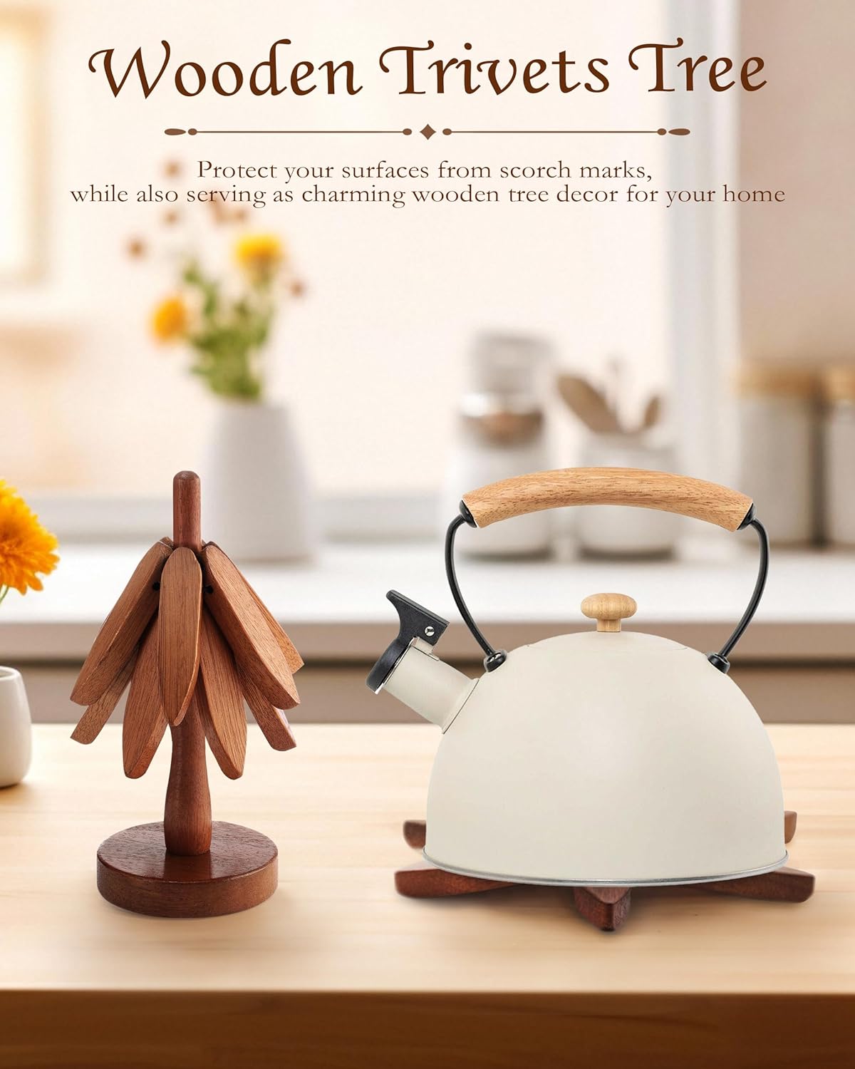 Walnut Tree-Shaped Placemats, Foldable Heat Resistant Anti-Stain Wood Trivet for Hot Dishes Pans, All-in-1 Set, 3PCS Easy-Cleaning Walnut Wood + Stand Coasters