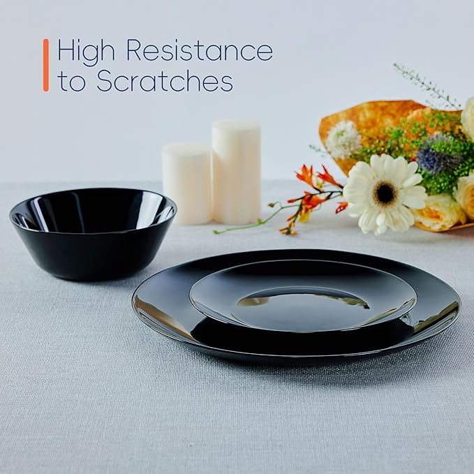 Dinnerware Sets for 4, LaGlint 12 Pieces Opal Glass Plates and Bowls Set, Dishwasher and Microwave Safe Dish Dinning Ware, Chip and Scratch Resistant Dishware Black