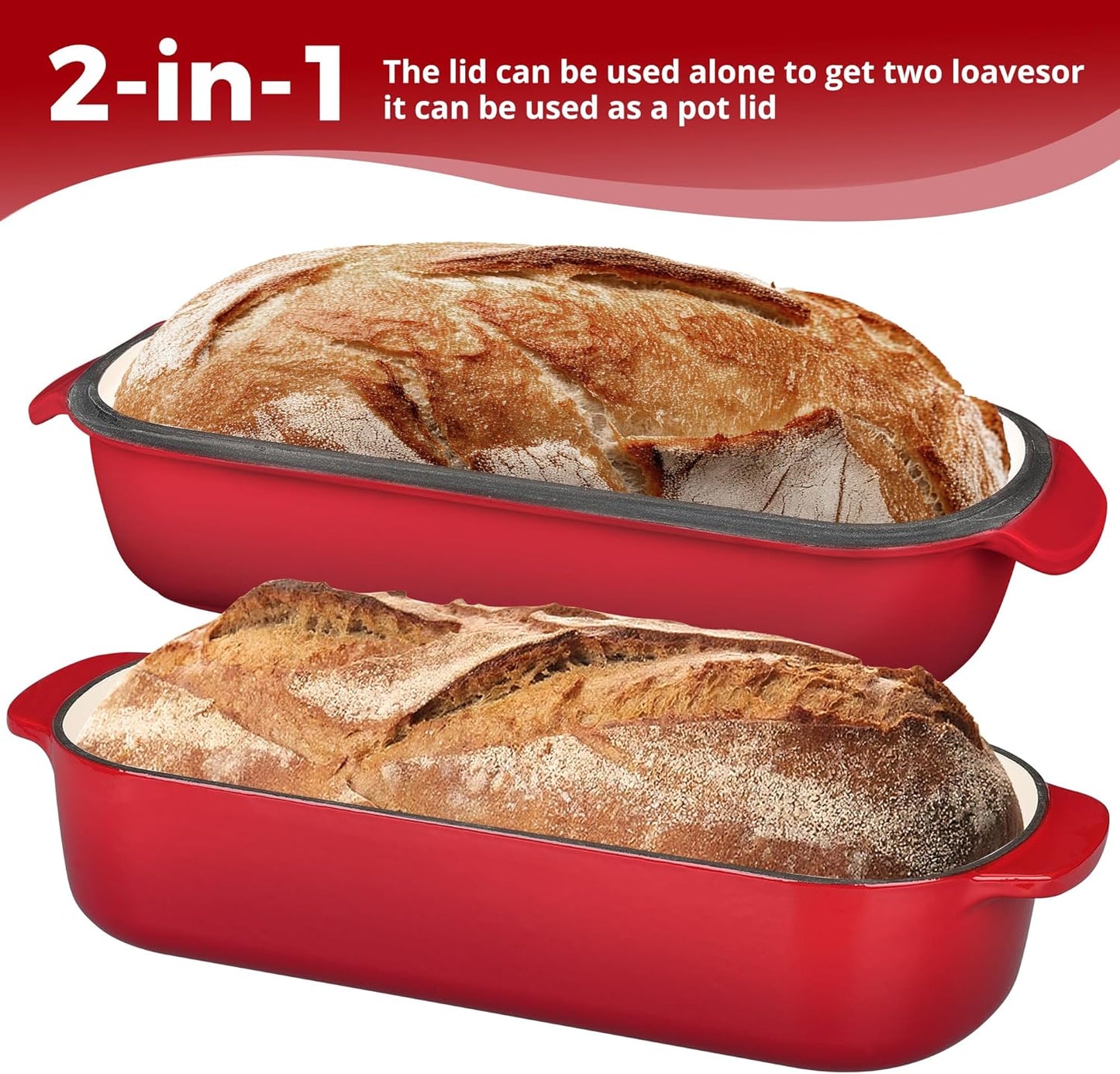 Enameled Cast Iron Loaf Pan with Lid, Dutch Oven Bread pan for Homemade Sourdough Bread Baking, 12.5x5.5 inch, 5qt, Red