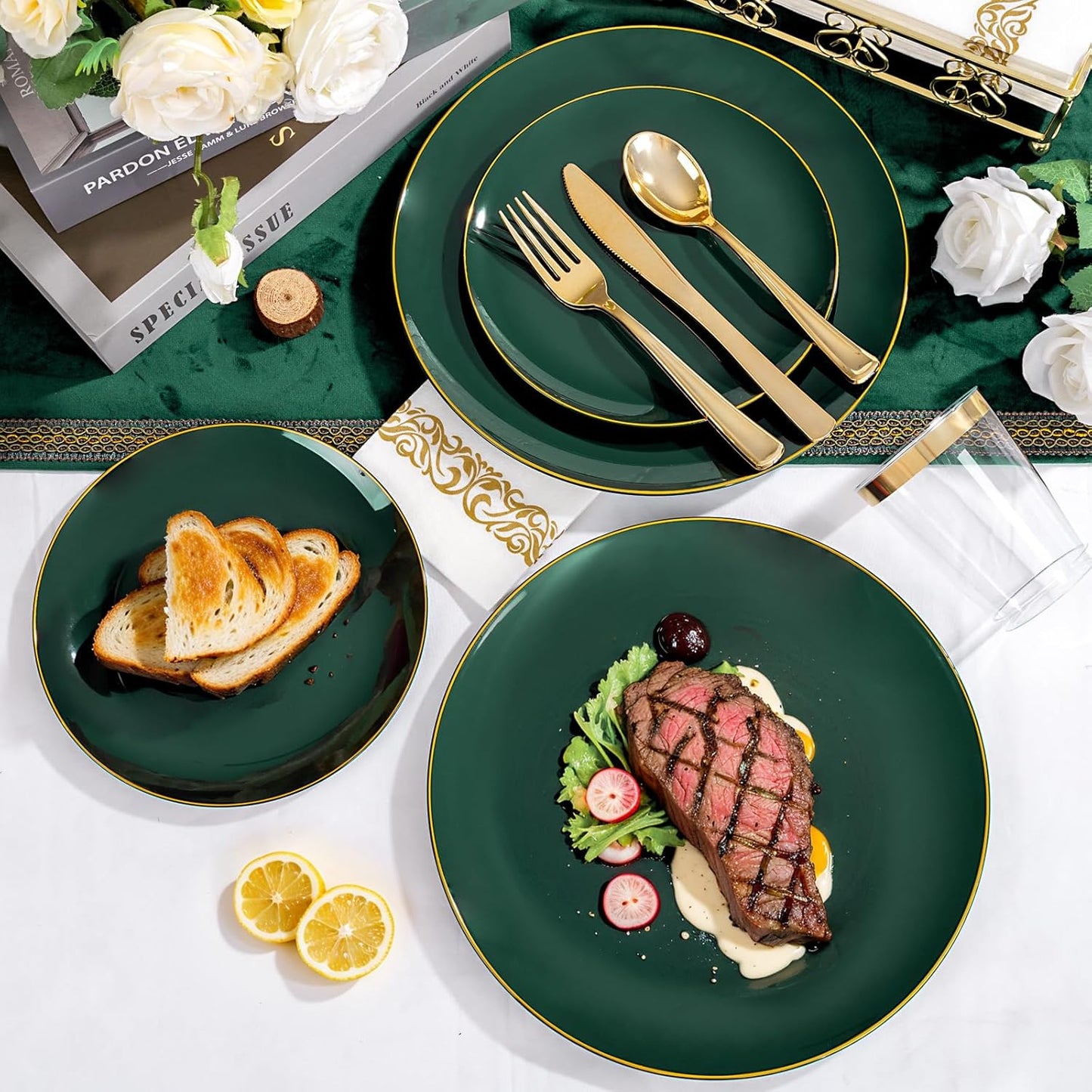 YOUBET 175PCS Green Plastic Plates - Green and Gold Disposable Plates Include 50 Plate, 75 Silverware, 25 Cups, 25 Napkins for Wedding & Party & Christmas