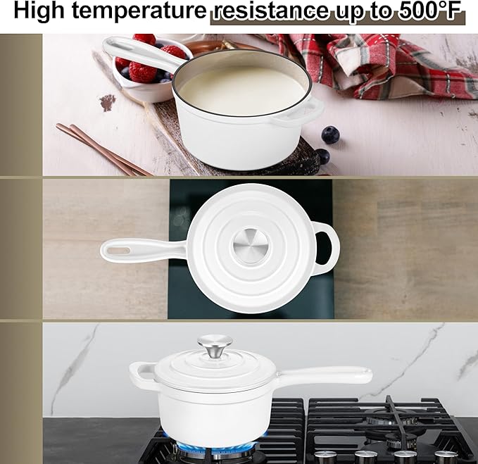 Enameled Cast Iron Sauce Pan with Lid, Leonyo 1 Quart Saucepan with Lid, Heavy Duty Cast Iron Pot Kitchen Cookware for All Cooktops Cooking Pasta Sauce, Soup, Milk - Up to 500°F & 4.4Lbs, White