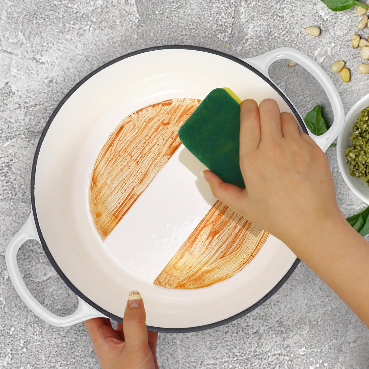 5QT Enameled Cast Iron Bread Oven with Proofing Basket for Bread Baking, Bread Making Supplies Tools,Heavy-Duty Cookware for Braising, Stews, Roasting, Bread Baking (White)