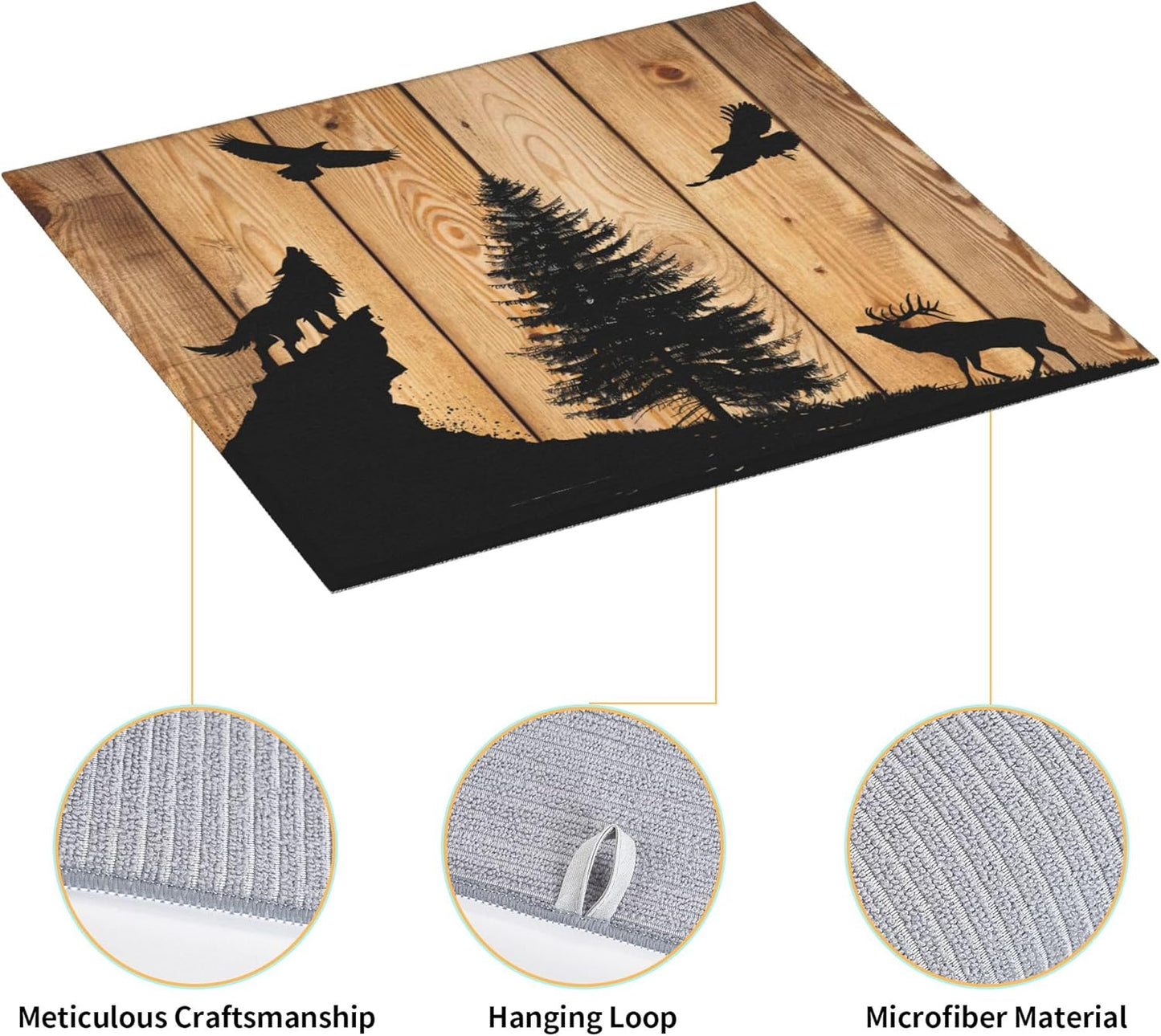 Retro Rustic Wolf Deer Forest Brown Wood Dish Drying Mat for Kitchen Counter, 16"x18" Microfiber Absorbent Fast Dry Mat, 2Pcs Dish Mat Faucet Mats Sets, Large Drying Kitchen Mat Kitchen Drying Pad