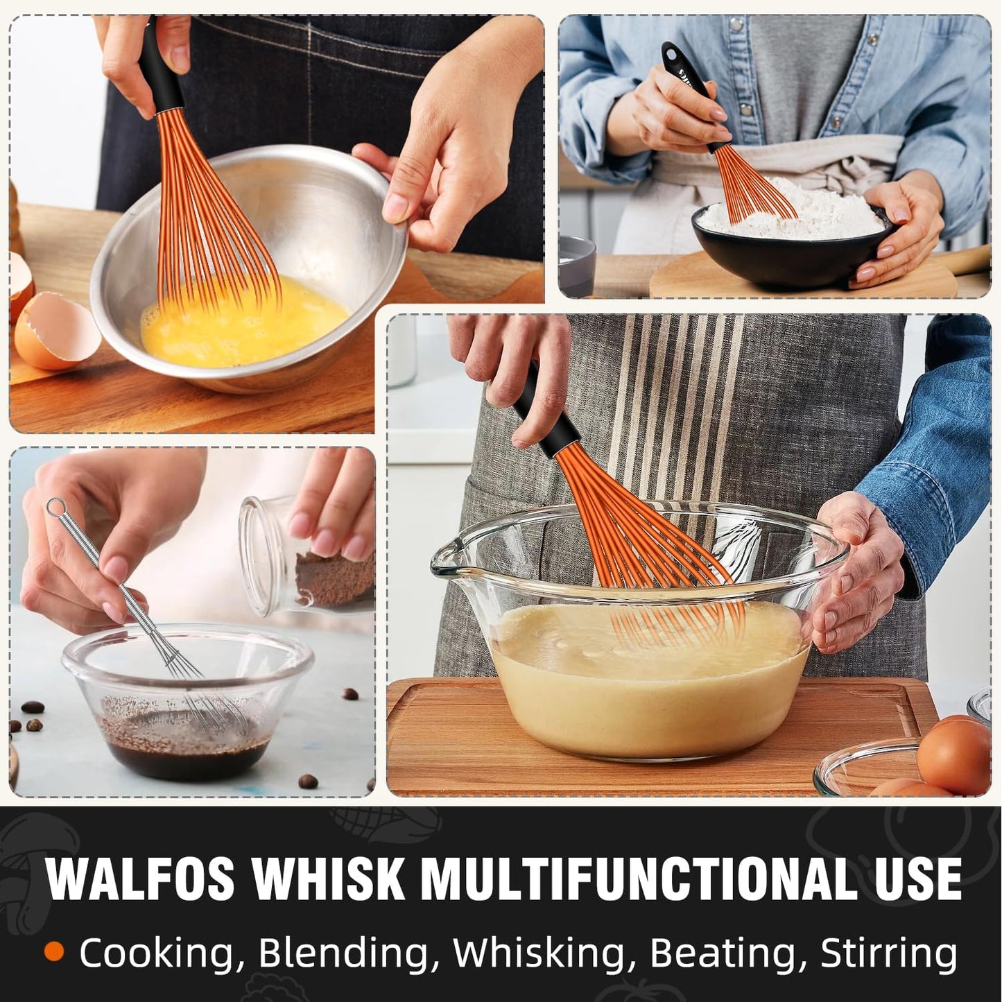 Walfos Whisk, Silicone Whisks Set of 5, Mini Stainless Steel Whisk 7+5in and Non Scratch Coated 7+9+11in Whisks, Suitable for Blending, Whisking, Beating, Frothing & Stirring. (Orange)