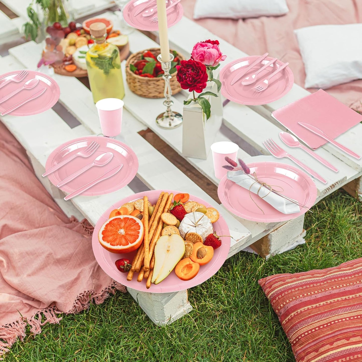 durony 350 Pieces Pink Paper Dinnerware Set 7 Inch 9 Inch Disposable Dinner Plates Sever 50 Guests Paper Cup Cutlery Napkins Solid Color Party Supplies for Birthday Wedding Party Family Picnic