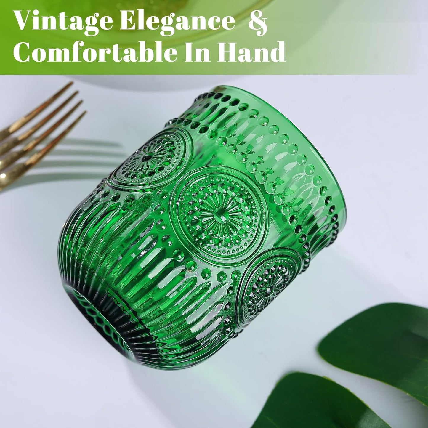 Joeyan Vintage Green Drinking Glasses Set of 4,9 oz Embossed Sunflower Small Water Glass Tumbler Cups,Colored Romantic Beaded Glassware for Beverages Cocktail Juice Wine,Dishwasher Safe