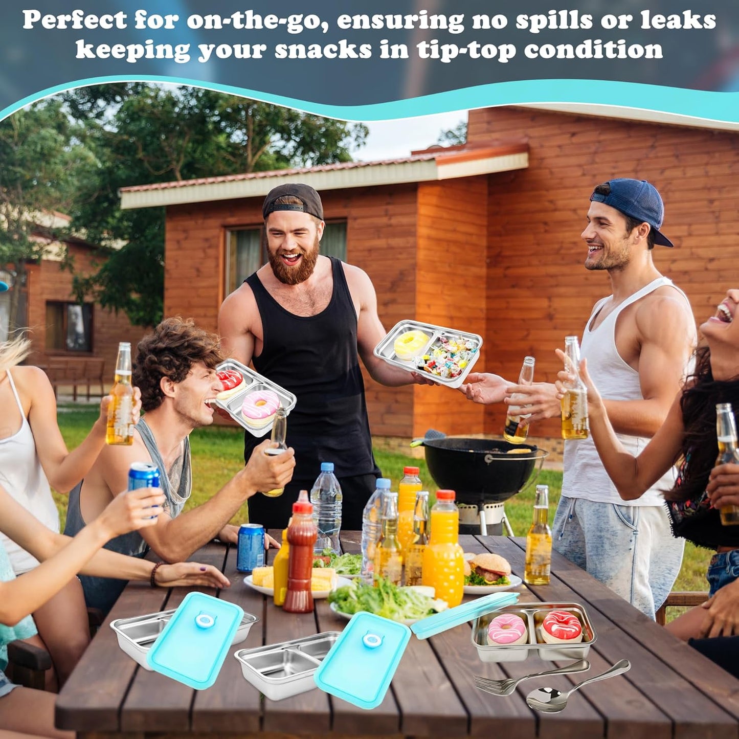 8 Set Stainless Steel Snack Containers with Lids Reusable 2 Compartment Snack Box Spoon Fork for Travel Outing Picnic Fruit Cookies Snacks Waffles Food