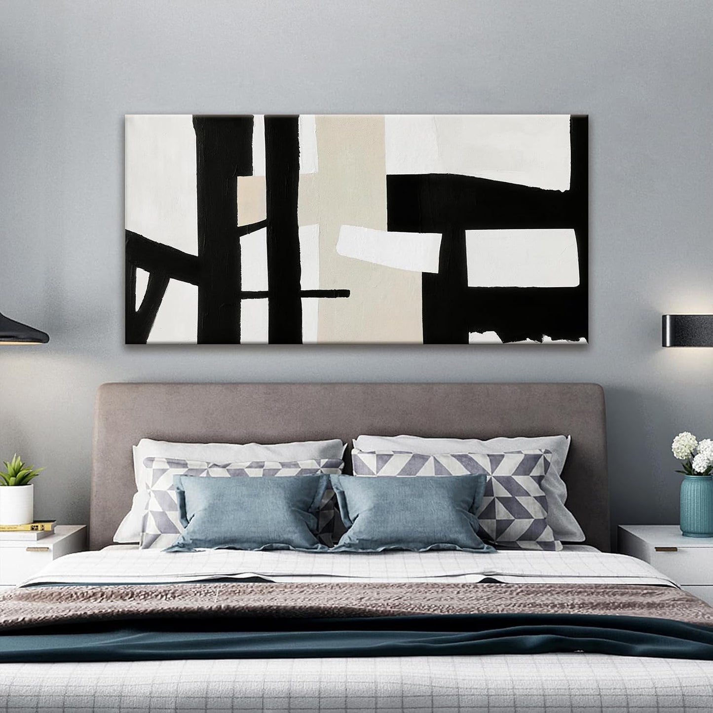 QSQ Canvas Art Wall Decor Black White Abstract Wall Art For Living Room Modern Canvas Prints Pictures Black And Grey White Wall Art For Bedroom Hotel Home Wall Decor 24 x 48 Inch