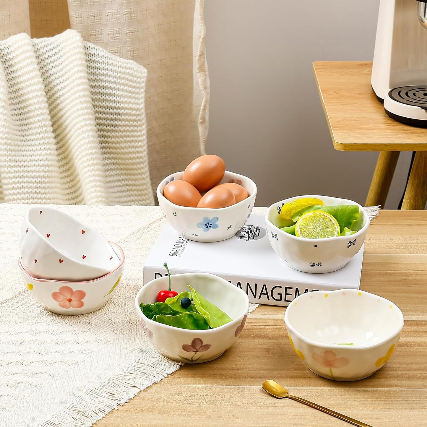 Koythin Ceramic Cereal Bowl, Cute Flowers Pattern Kitchen Bowls for Cereal, Salad, Pasta, Soup, Dessert, Serving, Home Decor, Microwave and Dishwasher Safe (Little Love)
