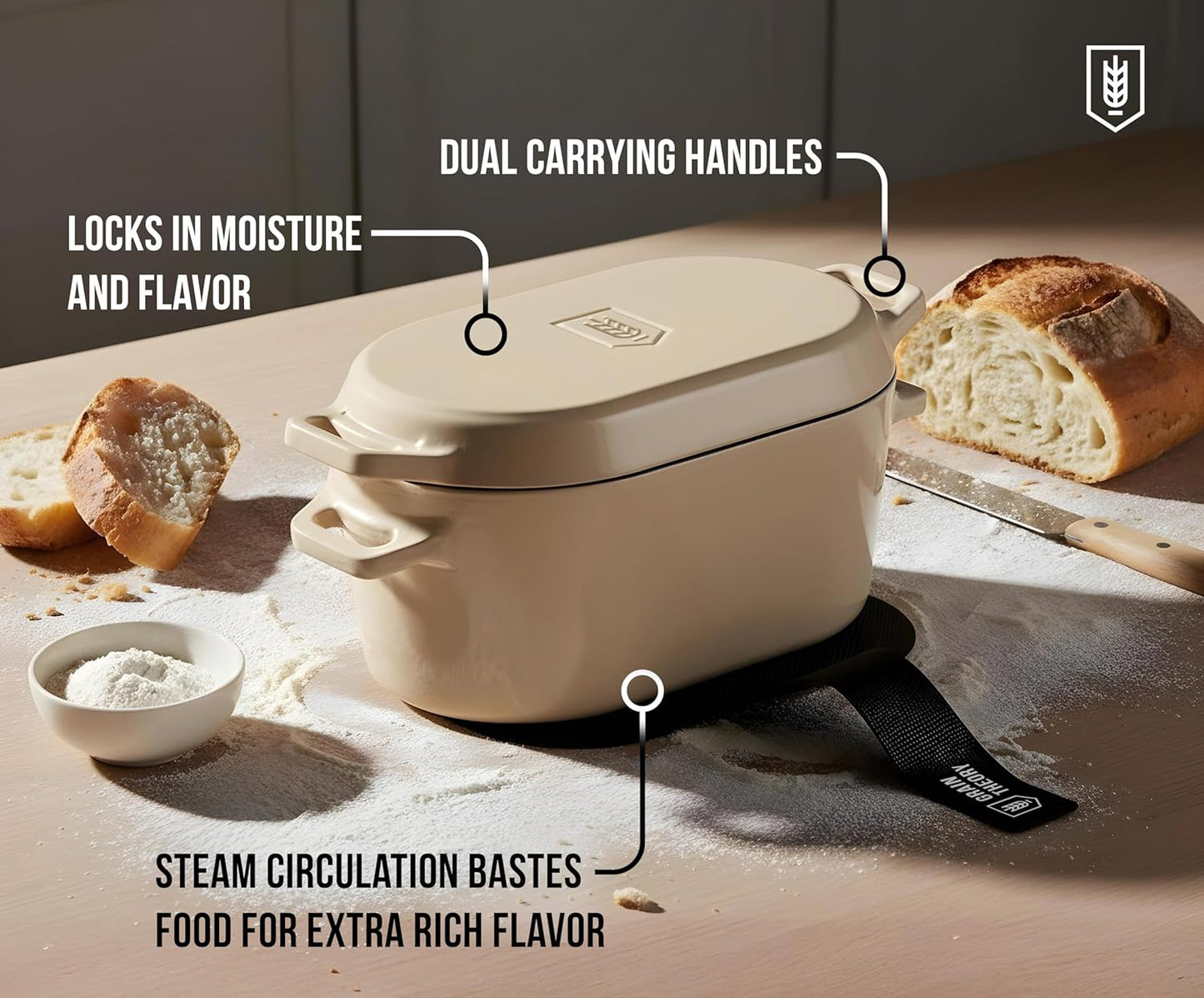 KooK Dutch Oven, for Bread Baking, Sourdough Loaf Pan, with Lid, Dual Handles, Enameled Cast Iron, includes Lid Lever, Dishwasher Safe, 3.4 Qt, Ivory