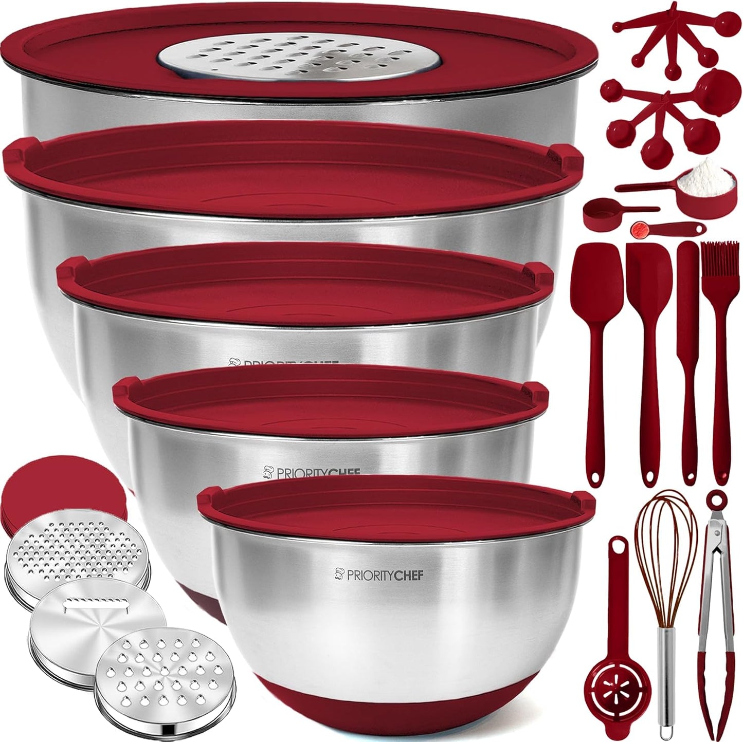 Priority Chef Stainless Steel Mixing Bowls with Lids Set, Metal Nesting Bowls with Airtight Lids, Graters, Non-Slip Base & Measurement Marks, Includes Utensil Set for Prep, Baking & Storage, Red