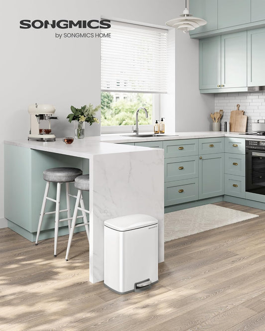 SONGMICS Trash Can, Garbage Can with Lid, 5.2-Gallon (20L) Step Trash Bin for Kitchen, Stainless Steel, Soft Close and Stays Open, Inner Bucket, Includes 15 Trash Bags, White ULTB543W01