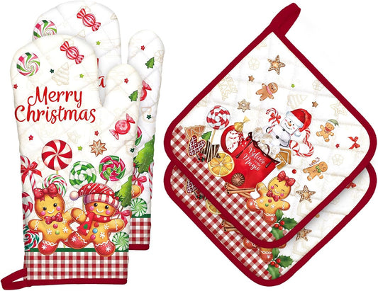 Christmas Gingerbread Oven Mitts and Pot Holders Sets 4Pcs, 100% Cotton Heat Resistant, Extra Long Oven Gloves Potholder for Kitchen Cooking Baking Decoration