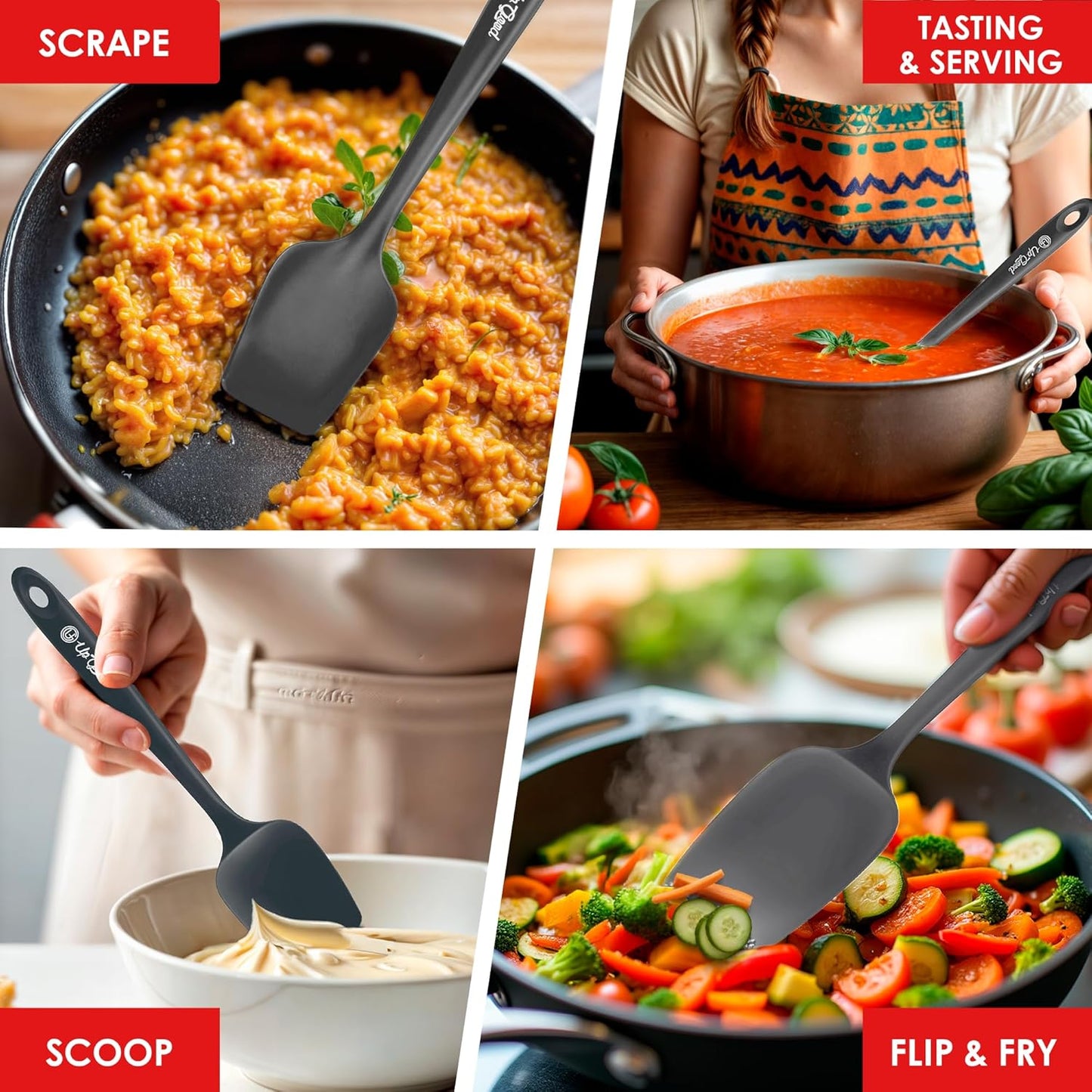 Silicone Spoon Spatula - 600ºF Heat-Resistant Non-Stick Rubber Spoonula | Use as Silicone Kitchen Scraper Utensil - Baking and Cooking Strong Stainless Steel Core | UpGood Kitchen Utensils, (Grey)