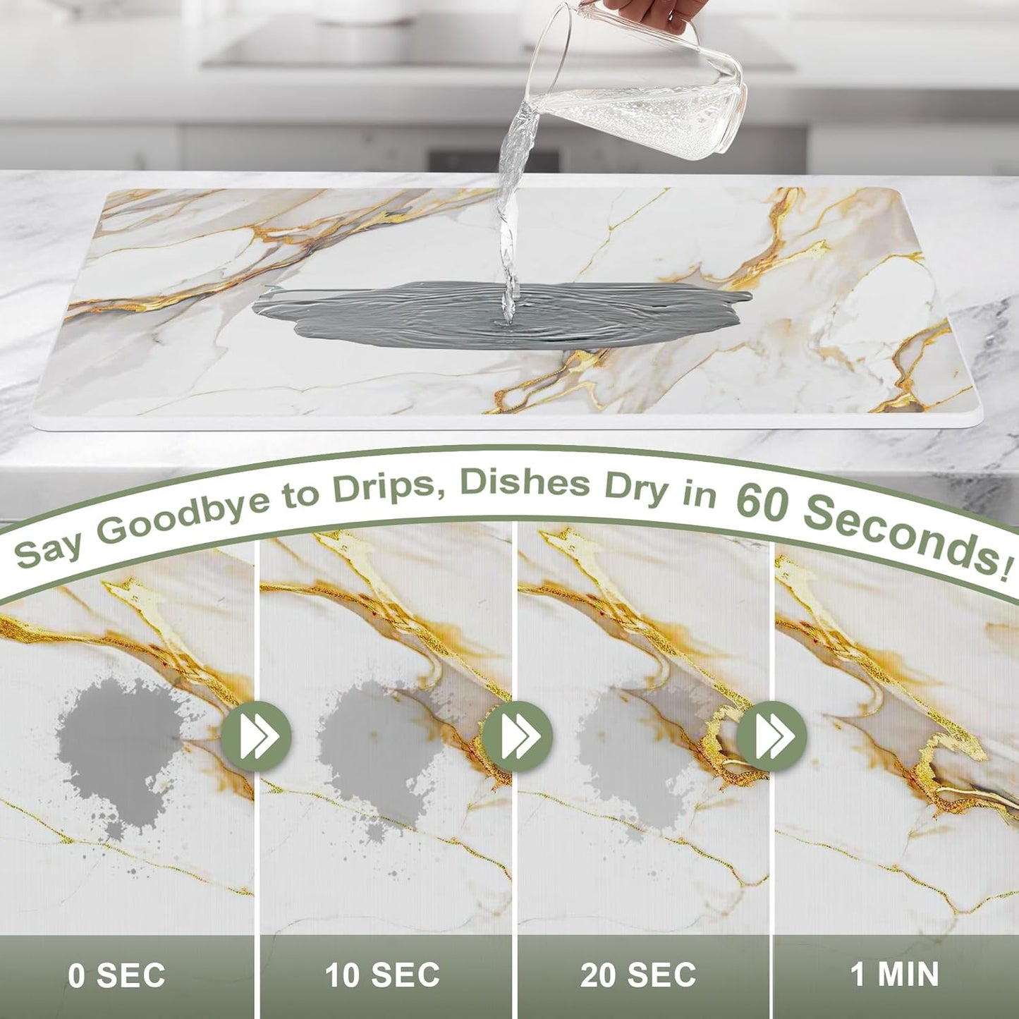 Large Stone Drying Mat for Kitchen Counter, 24" × 16" Diatomite Dish Drying Mat, Quick Dry Stone Mats, Ultra Absorbent Natural Diatomaceous Earth Mats for Dished, Bottles, White Marble