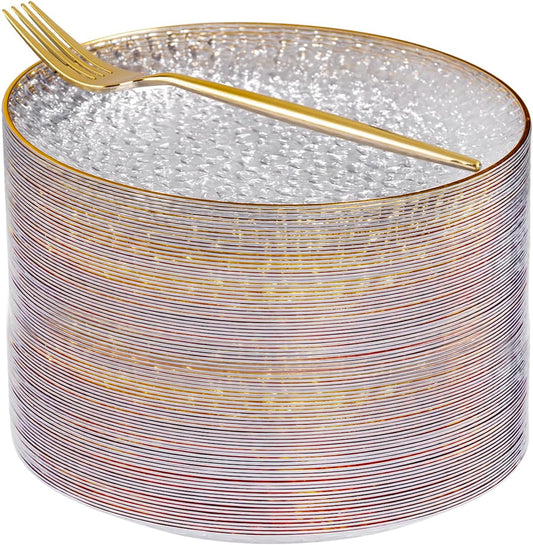 Rubtlamp 200 Pcs Clear Dessert Plates 7" with Forks 7.6",Clear Plastic Cake/Appetizer Platos, Dessert Plates Disposable, Hammered Party Platos Include 100platos and 100forks for Party&Birthday