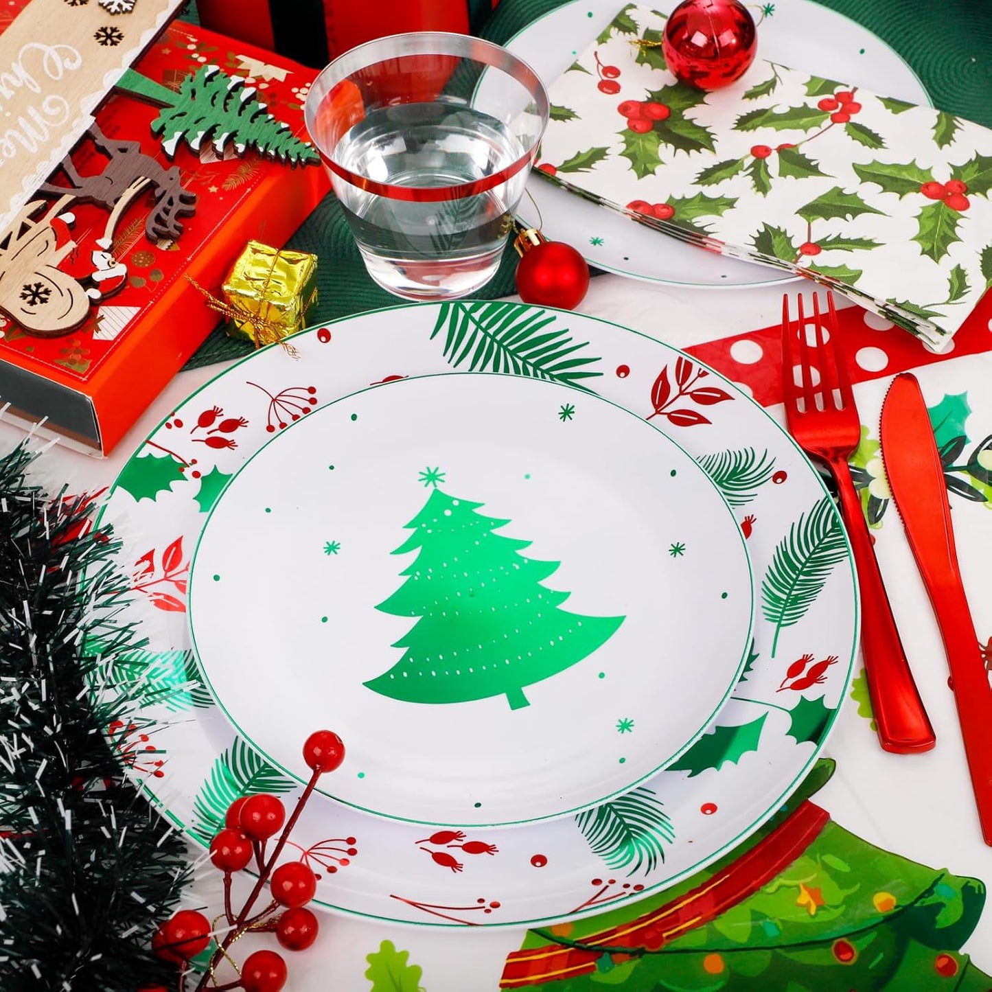 Festiva 176Pcs Christmas Plastic Plates Heavy Duty- Christmas disposable Dinnerware Set-include 50Plates 25Plastic Silverware 25Cups 25Holly Berry Napkins