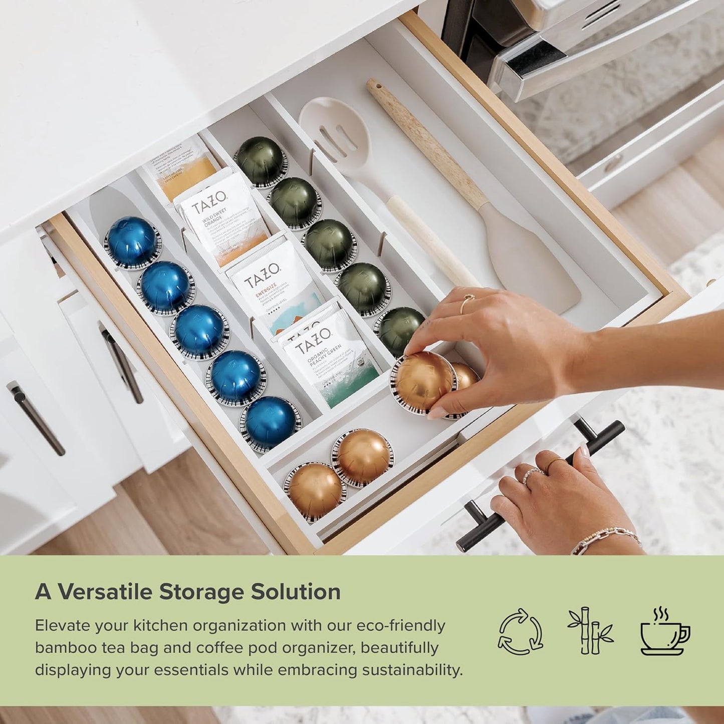 KitchenEdge Tea Bag and Coffee Pod Kitchen Drawer Organizer, Expandable 9.7 to 17 Inches, 10 Storage Compartments, Adjustable Wall Inserts, Non-Slip Feet, Food-Safe White Finish, 100% Bamboo Wood