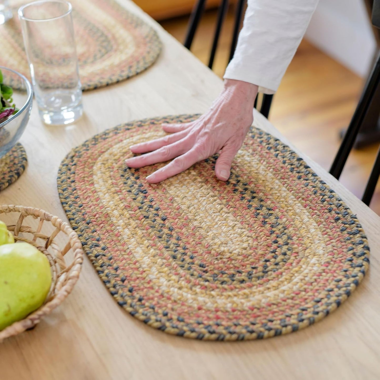 Homespice Russet Jute Braided Oval Placemats, Warm Country Decor, Set of 6, 13x19 Multicolor Table Mats - Vibrant Colors, Durable, Easy to Clean and Protects Furniture