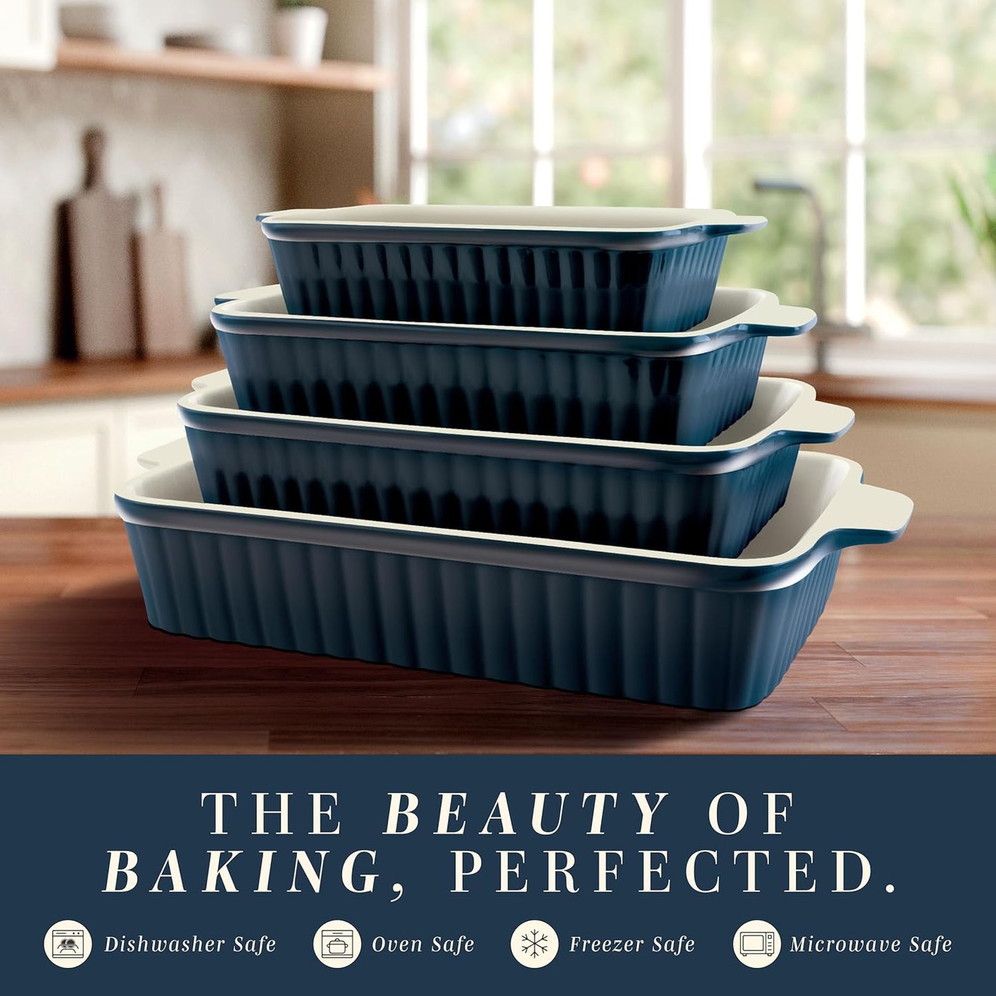 COOK WITH COLOR Casserole Dishes for Oven, Porcelain Baking Dishes, Ceramic Bakeware Sets of 4, Rectangular Pans Handles for Baking Cake Kitchen