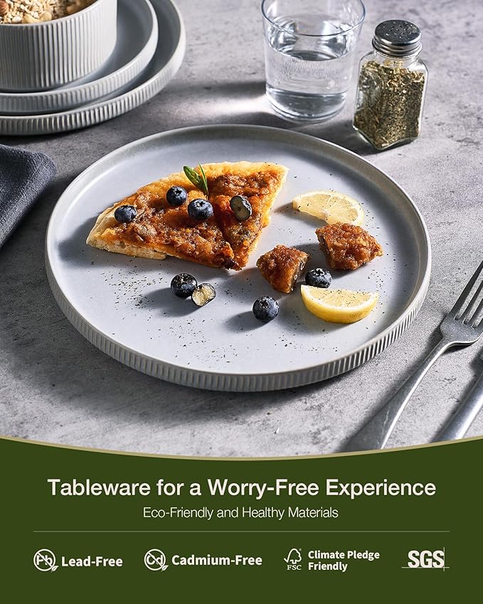 Famiware Star Dinnerware Set, Plates and Bowls Sets for 8 (24pcs), Ribbed Stoneware Dishes - Chip & Scratch Resistant, Microwave & Dishwasher Safe, Matte Gray