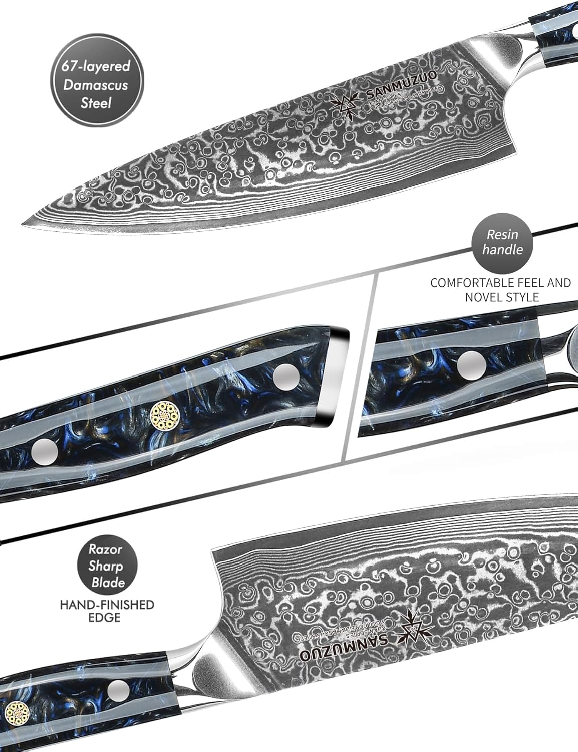 Chef Knife - 8 inch - Xuan Series - VG10 Damascus Steel Kitchen Knife - Resin Handle (Starry Black)