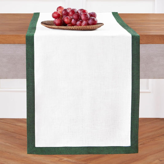 Solino Home Linen Table Runner 90 Inches Long - Forest Green and White 100% Pure Linen 14 x 90 Inch Table Runner for Dining, Fall, Autumn, Halloween, Thanksgiving, Christmas - Classic