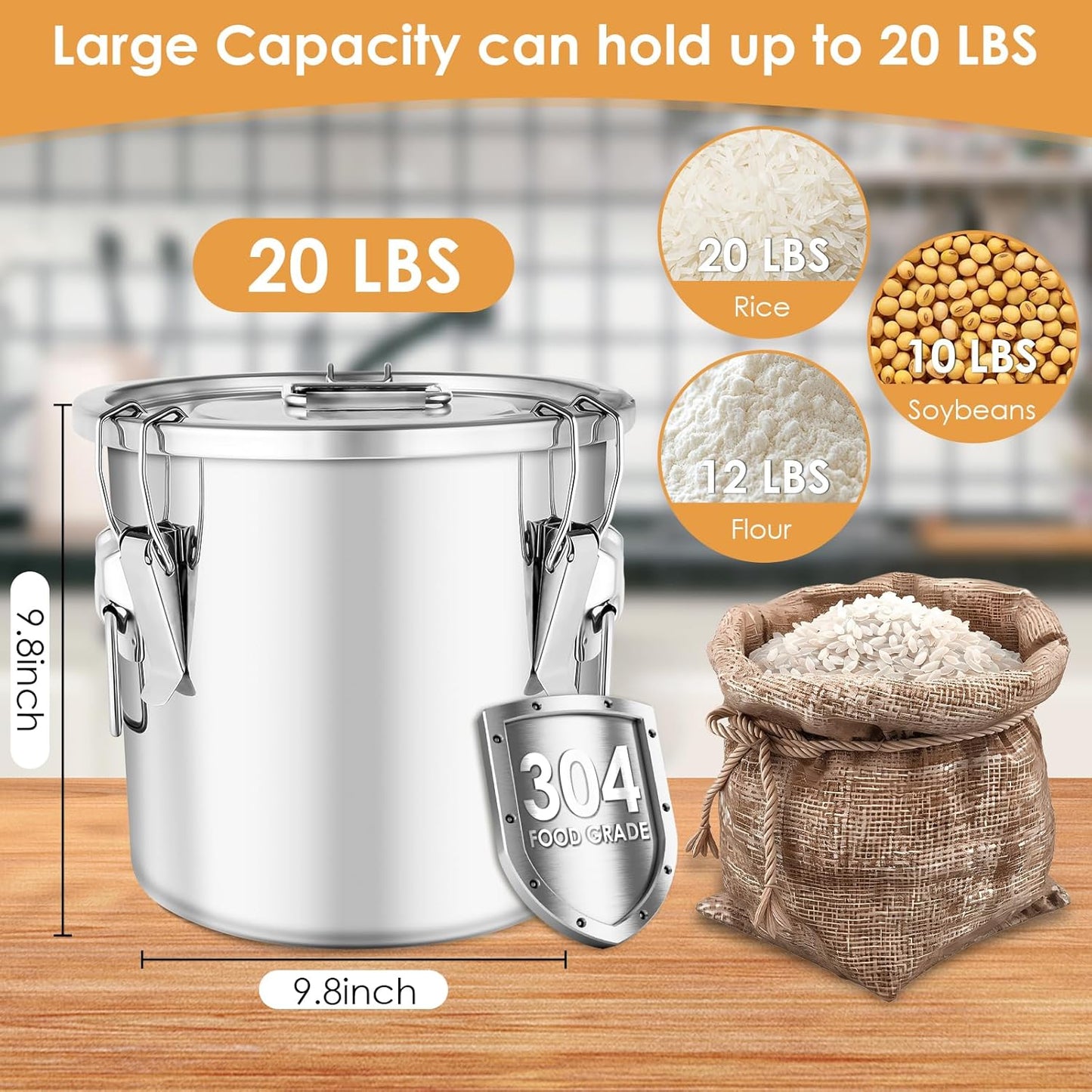 304 Stainless Steel Airtight Canister with Lids,20 lbs Large Capacity Food Storage Containers for Rice Flour Sugar Grain Coffee Bean,Airtight Canister for Kitchen & Pantry Organization