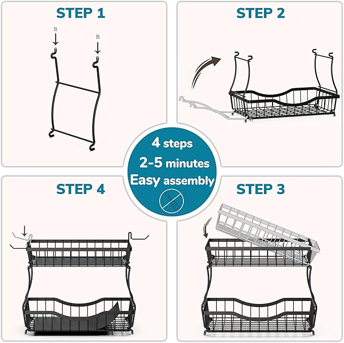 2 Tier Fruit Basket for Kitchen Counter with 2 Banana Hangers, Large Metal Fruit Bowl for Onion Vegetable Bread Snack, Countertop Organizer – Black, 14.5" W x 9.5" D