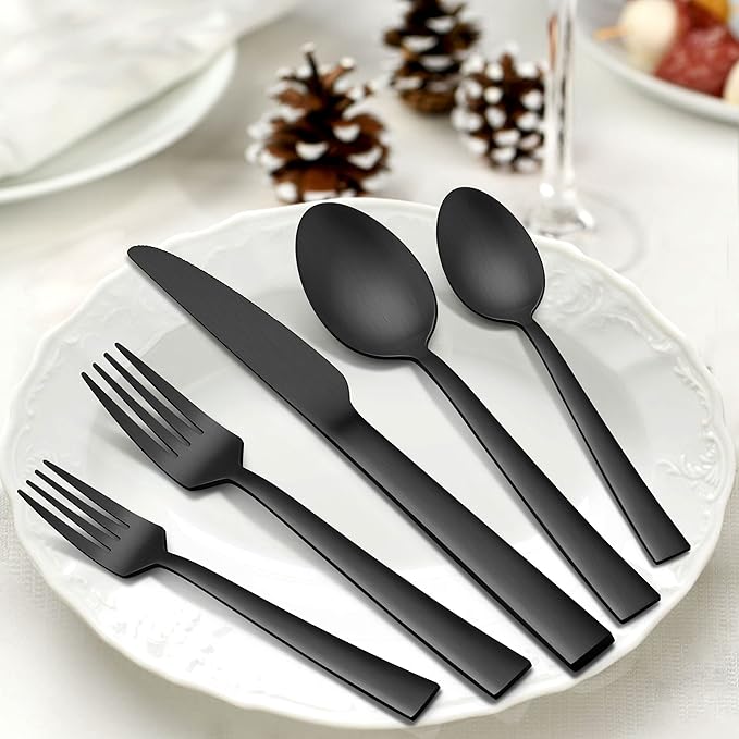 Herogo 46-Piece Matte Black Silverware Set with Serving Utensils, Stainless Steel Square Flatware, Modern Tableware Cutlery Set with Serving Pieces for Catering Banquet, Dishwasher Safe, Satin Finish