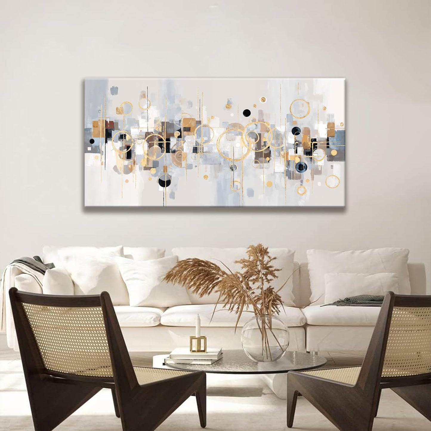 Abstract Gold Circles Grey Wall Art Decor Modern Minimalist Circles Artwork Canvas Wall Art For Bedroom Living Room Kitchen Office Home Wall Decor Ready To Hang 24x48 Inch