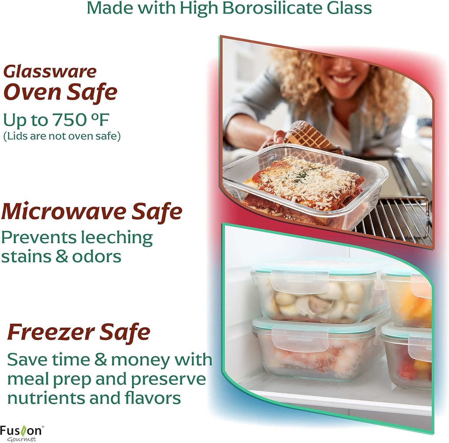 Fusion Gourmet Large Glass Food Storage Containers with Lids [5 Pack, 72 oz, 9 Cup], Airtight, Leakproof, Microwave and Oven Safe Borosilicate Glass