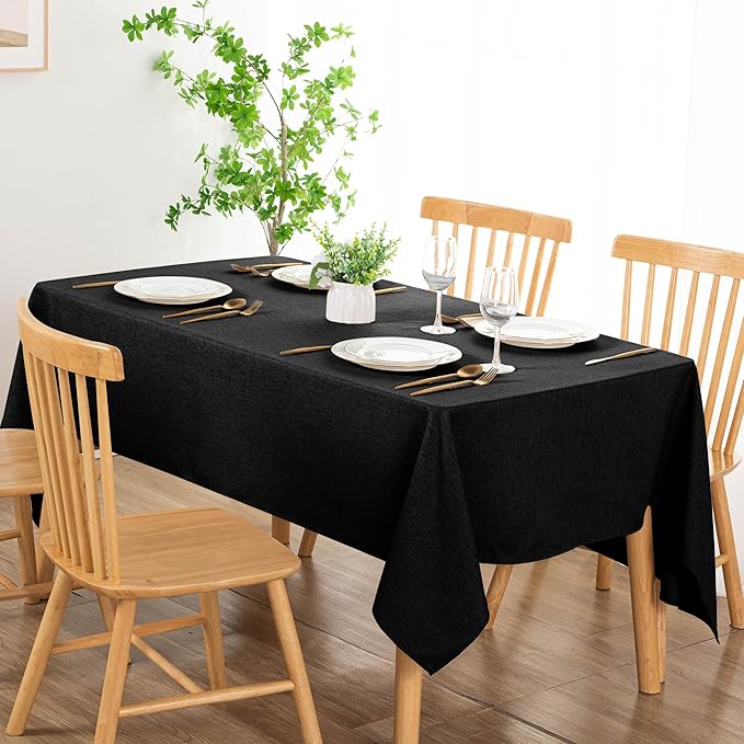 DWCN Black Table Cloth Rectangle - Faux Linen Fabric Waterproof Spill-Proof Wrinkle and Stain Resistant Tablecloths Decorative Farmhouse Table Cover for Kitchen Dining Party, 54 x 80 Inch