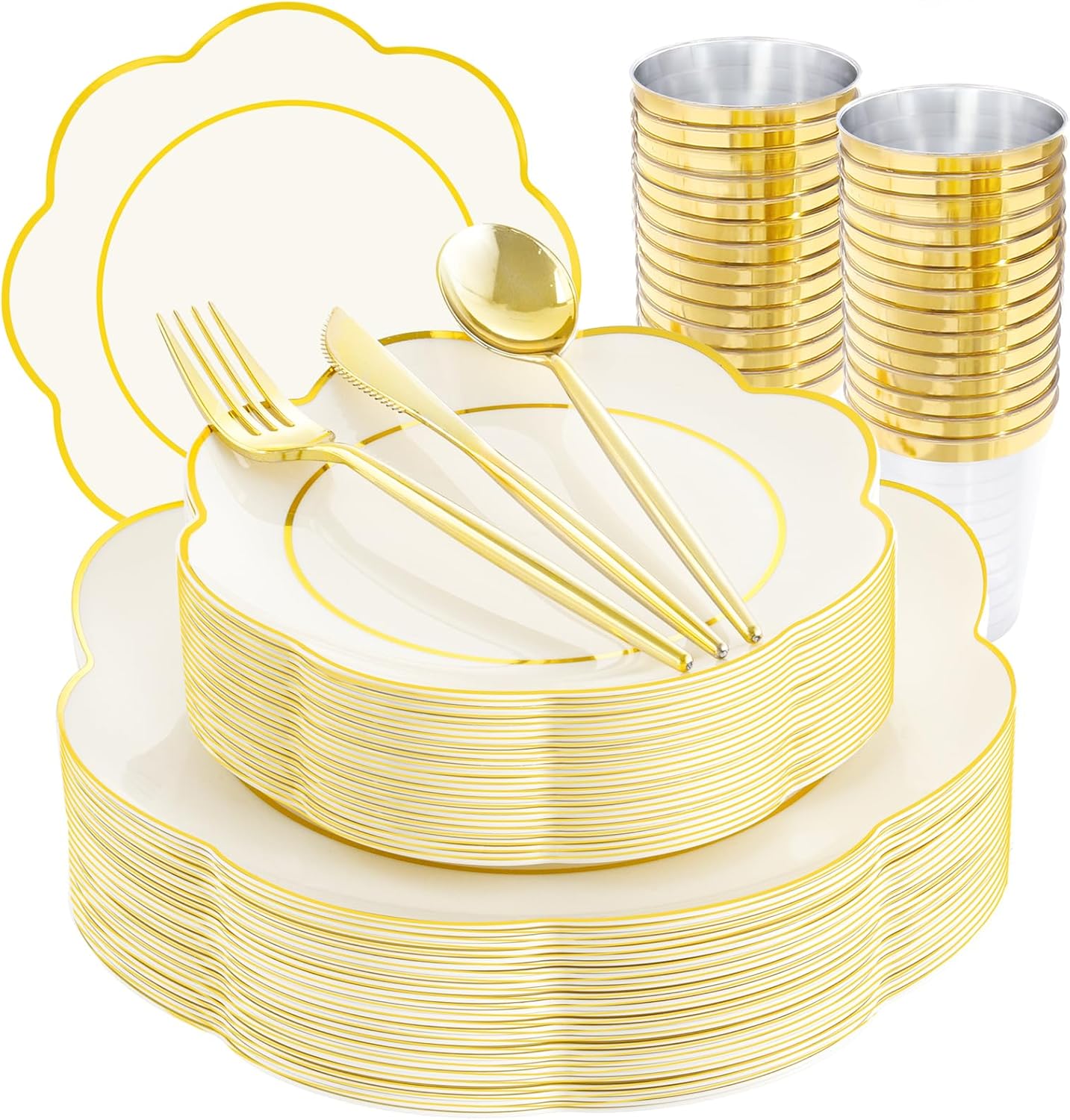EI 180pcs Beige Plastic Plates with Gold Plastic Silverware,Heavy-Duty Disposable Plates for Party,White Dinnerware Set for 30 Guest Wedding,Birthday