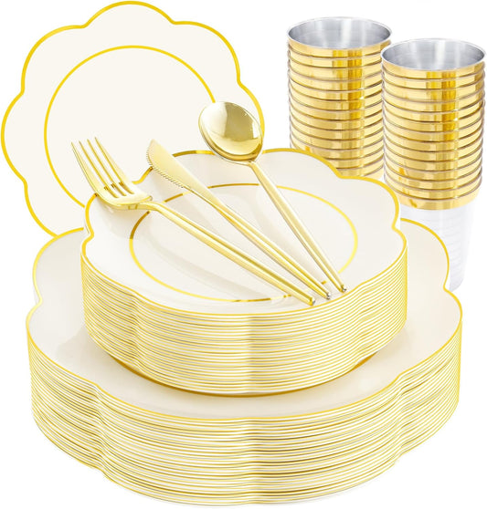 EI 180pcs Beige Plastic Plates with Gold Plastic Silverware,Heavy-Duty Disposable Plates for Party,White Dinnerware Set for 30 Guest Wedding,Birthday