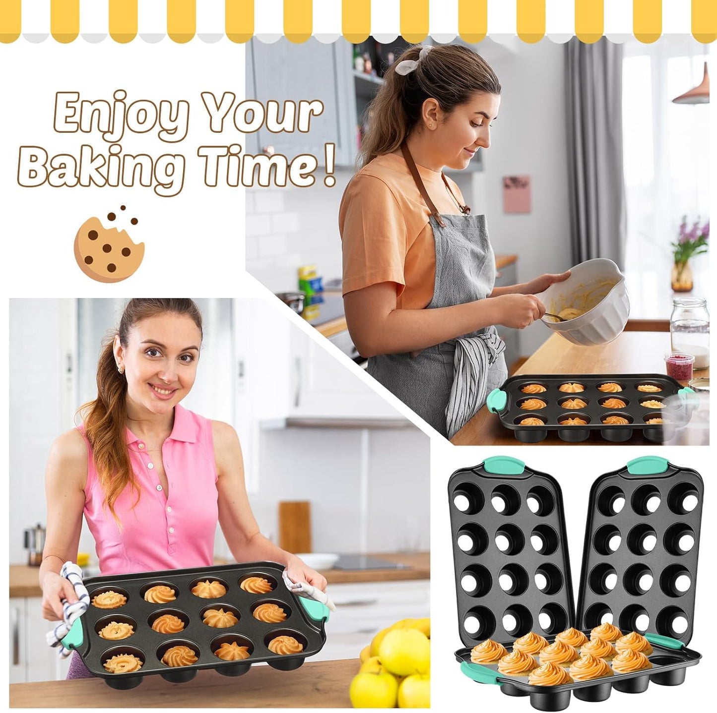 Uiifan 3 Pack Mini Cheesecake Pans Removable Bottom 12 Cavity Mini Cupcake Pan with Silicone Handle Nonslip Anti Heat Nonstick Carbon Steel Muffin Mold 13" x 8" Baking Molds(Mint Green)