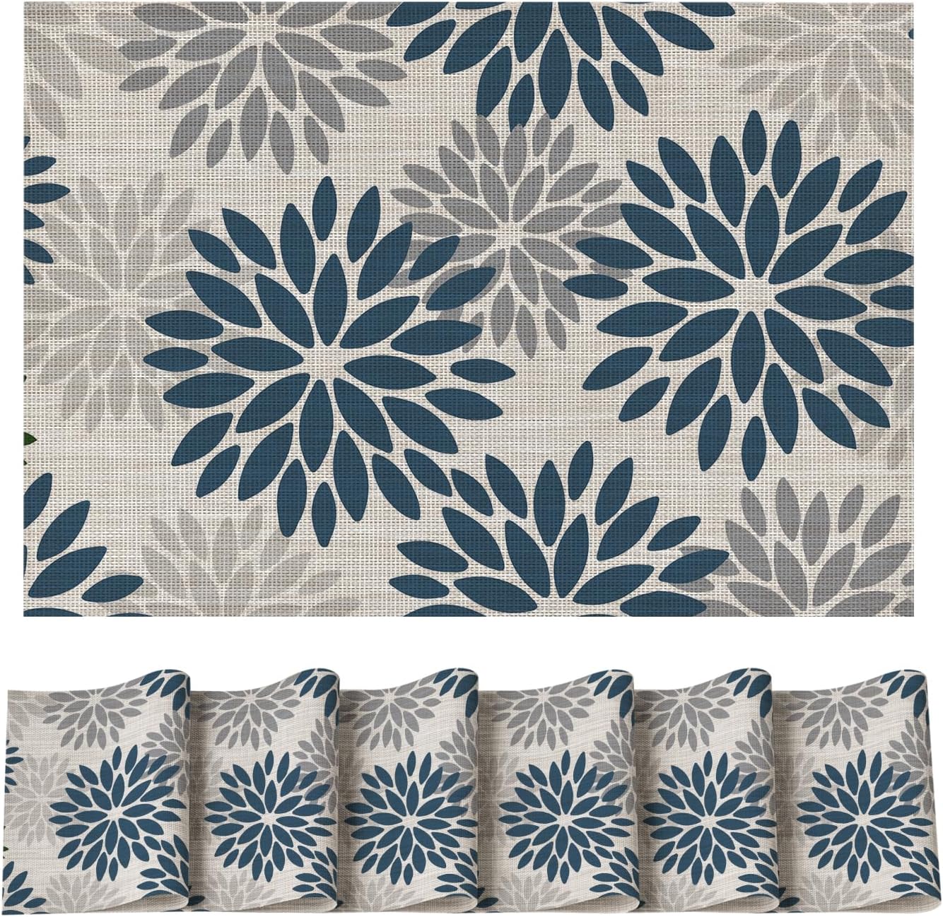 Artoid Mode Floral Vinyl Plistic Placemats Set of 6, Heat Resistant Washable Non-Slip PVC Place Mats for Party Kitchen Dining Decor, Blue Grey