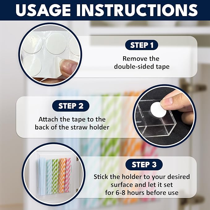 Acrylic Straw Holder for Cabinet Door or Countertop - Clear Organizer & Dispenser with 3 Sets of Decorative Stickers for Reusable Straws, Space-Saving Kitchen Storage, Pantry Organizer