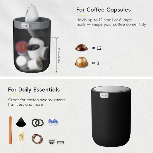 EKO Mini Desk Trash Can with Swing-Top Lid 0.4 Gallon Small Table Round Wastebasket for Office, Home, Car (Black)