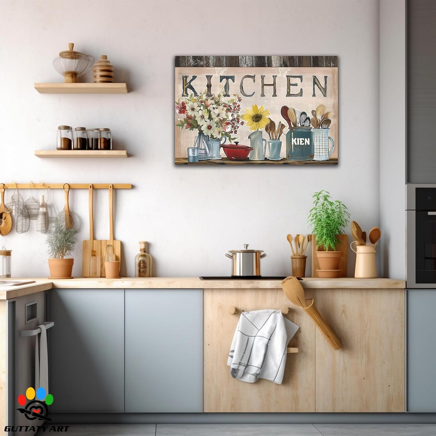 GUTTATY Farmhouse Wall Art Rustic Kitchen Decor, Ready to Hang Kitchen Canvas Print Sunflowers And Various Spoons,Retro Posters Prints for Dinning Room Home Kitchen Restaurant Painting 28×40 Inch