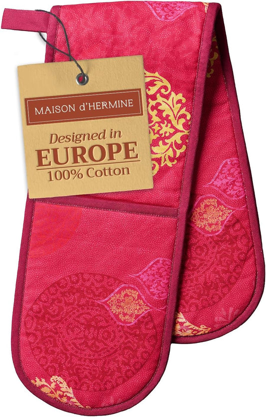 Maison d' Hermine Double Oven Mitt (7" x 35") 100% Cotton Heat Resistant BBQ Cooking Gloves with Loop for Thanksgiving Christmas Decorations Baking Cooking Barbeque Handling Hot Pan (Versailles)