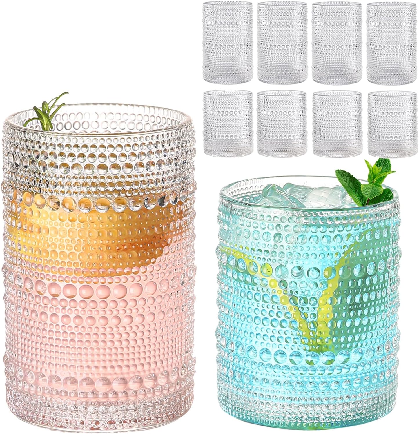 Vintage Hobnail Drinking Glasses Set of 8,Clear 12 oz & 15oz Highball Glass Cups, Kitchen Drinkware Glassware,Embossed Water Tumbler,for Beer,Cocktail,Whiskey,Juice and Various Mixed Drinks