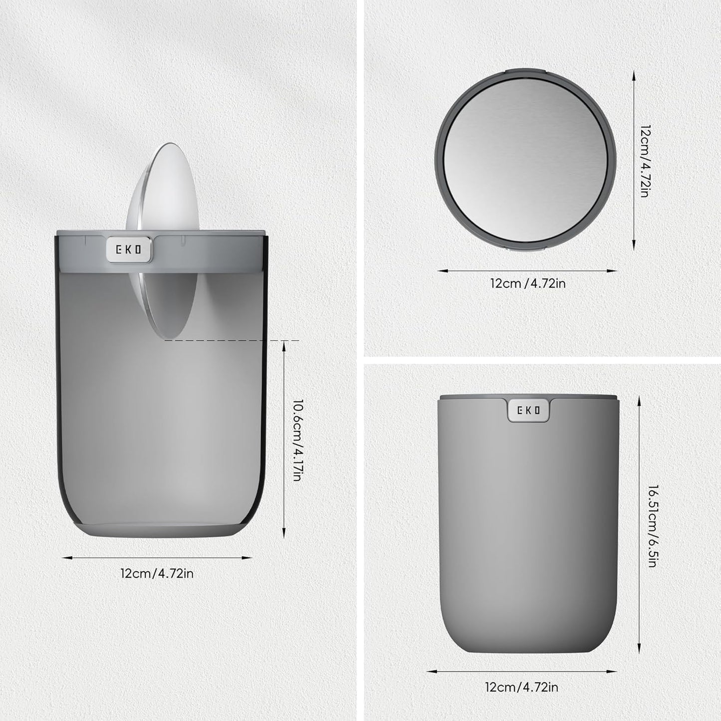 EKO Mini Desk Trash Can with Swing-Top Lid 0.4 Gallon Small Table Round Wastebasket for Office, Home, Car (Grey)