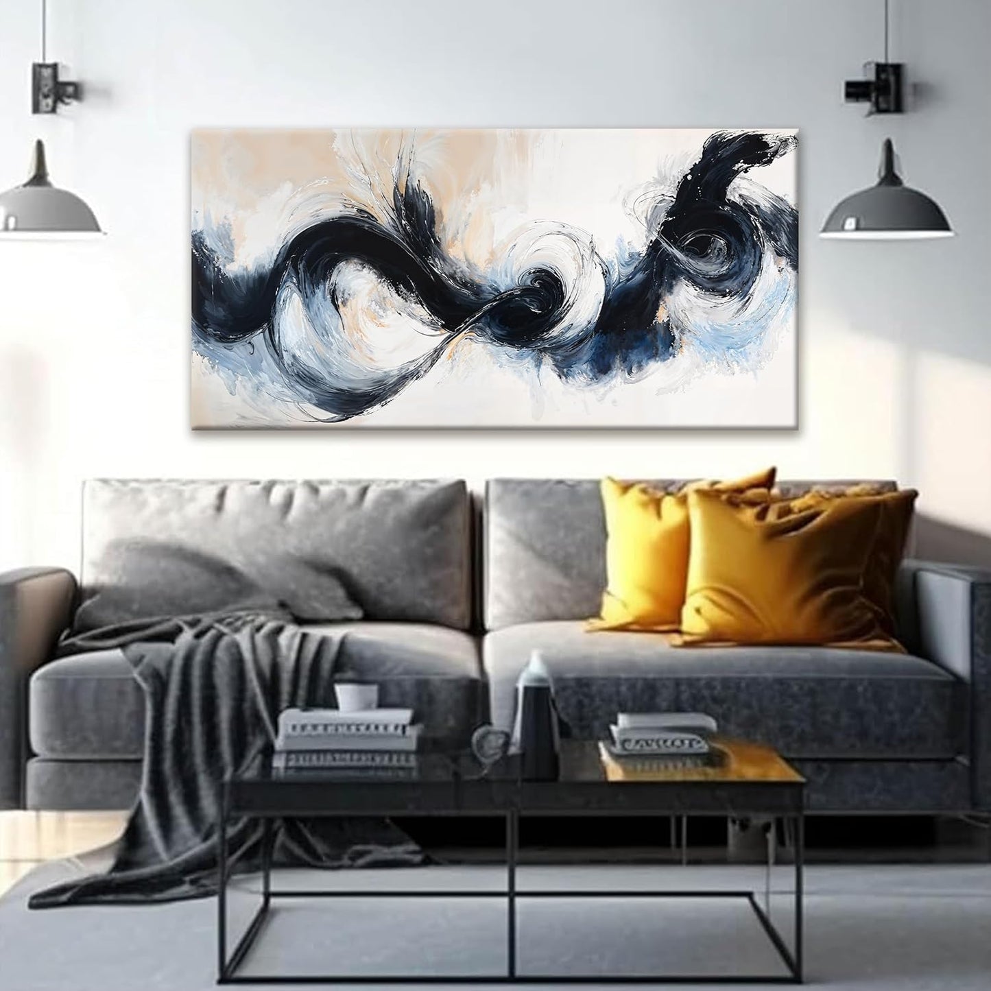 Suconvng Canvas Art Wall Decor Painting Black And White Abstract Wall Art For Living Room Modern 24" X 48"Graffiti Abstract Wall Decor Prints Artwork For Bedroom Home Wall Artwork