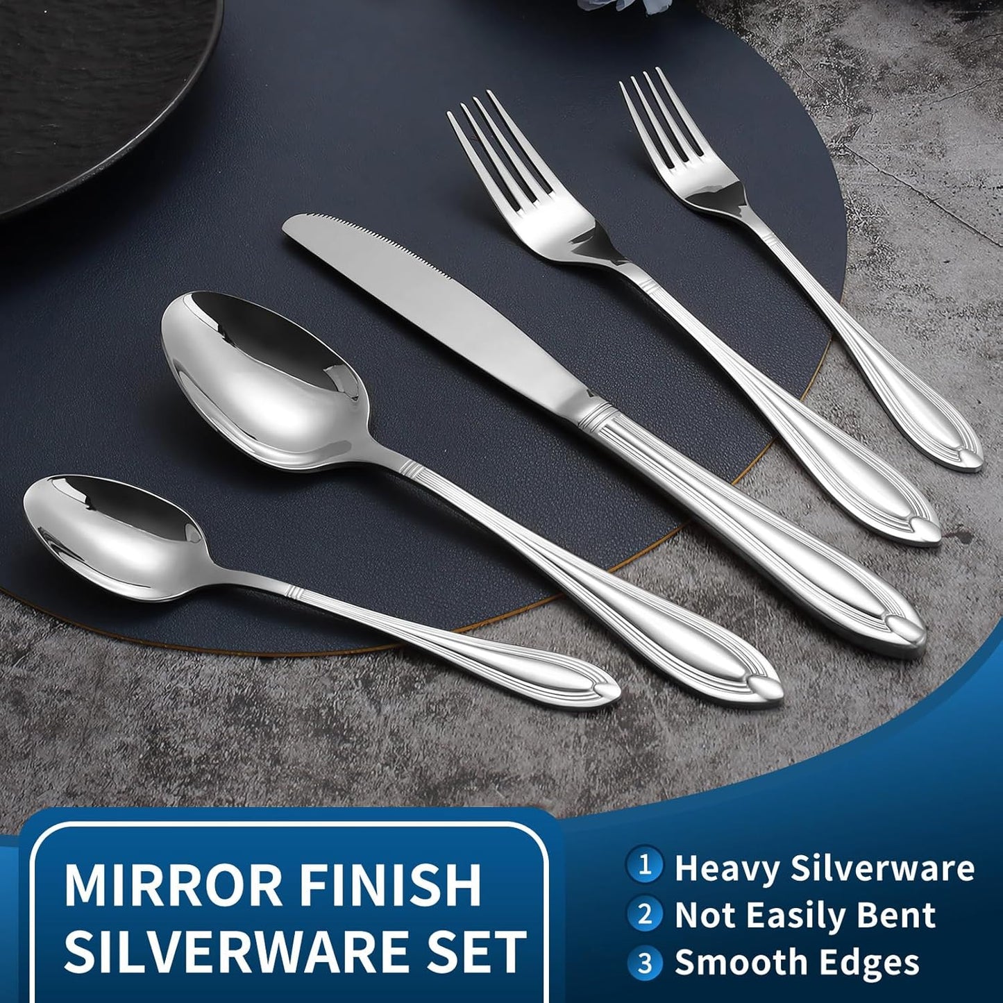Silverware Set for 8, 40-Piece Flatware Set Include Spoons And Forks Set, Stainless Steel Cutlery Set with Line Pattern, Mirror Polished, Dishwasher Safe.