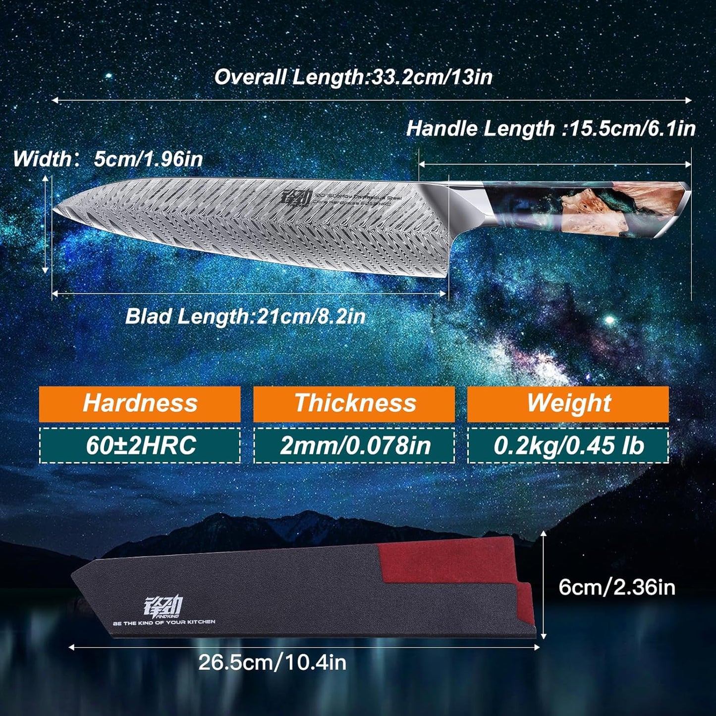 FINDKING Nebula Series Chef Knife with ABS Sheath, Multipurpose Japanese Gyuto Knife, 10Cr15CoMov Damascus Steel Blade, Resin and Figured Sycamore wood Handle, Full Tang, 8 Inch, Blue, for Meat